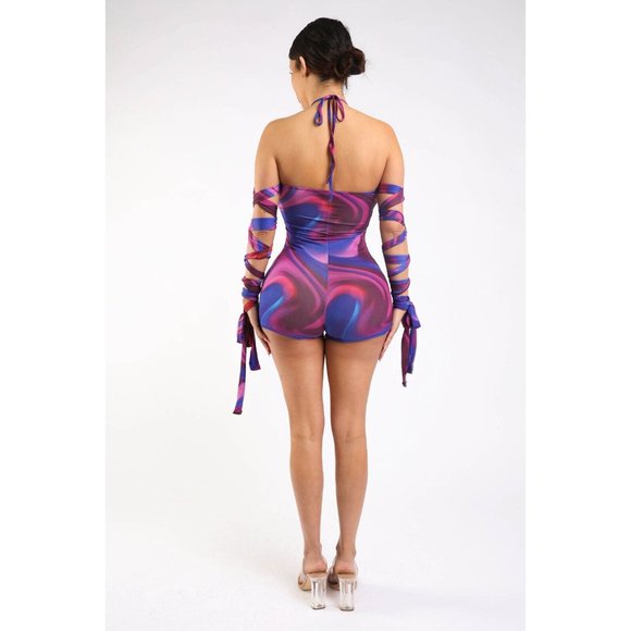 Women's Strappy Sleeve Printed Jumpsuit Romper O Ring Cut Out Polyester - Picture 8 of 11